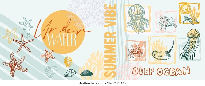Verão vibração, mundo subaquático. Cartaz moderno incluindo ilustrações lineares bonitas sobre o tema do oceano, férias à beira-mar, habitantes subaquáticos, corais e algas em um estilo de desenho animado brilhante.