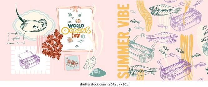 Summer vibe, underwater world. Modern poster including cute linear illustrations on the theme of the ocean, seaside vacation, underwater inhabitants, corals and algae in a bright cartoon style.