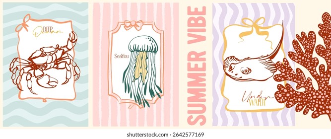 Verão vibração, mundo subaquático. Cartaz moderno incluindo ilustrações lineares bonitas sobre o tema do oceano, férias à beira-mar, habitantes subaquáticos, corais e algas em um estilo de desenho animado brilhante.