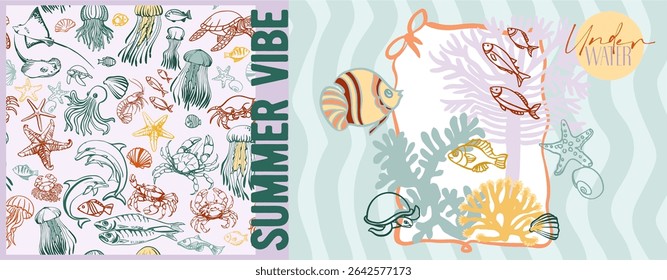 Verão vibração, mundo subaquático. Cartaz moderno incluindo ilustrações lineares bonitas sobre o tema do oceano, férias à beira-mar, habitantes subaquáticos, corais e algas em um estilo de desenho animado brilhante.
