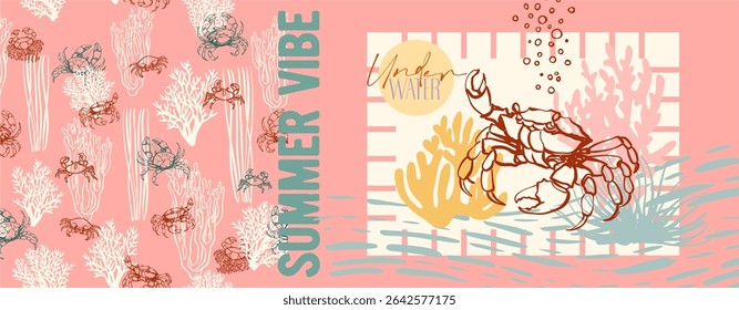 Verão vibração, mundo subaquático. Cartaz moderno incluindo ilustrações lineares bonitas sobre o tema do oceano, férias à beira-mar, habitantes subaquáticos, corais e algas em um estilo de desenho animado brilhante.