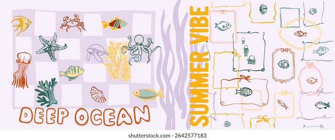 Verão vibração, mundo subaquático. Cartaz moderno incluindo ilustrações lineares bonitas sobre o tema do oceano, férias à beira-mar, habitantes subaquáticos, corais e algas em um estilo de desenho animado brilhante.
