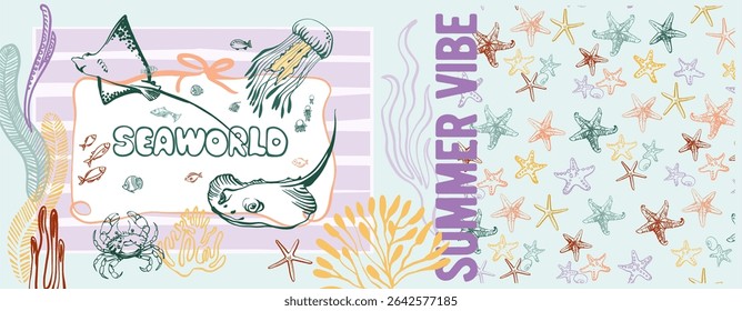 Summer vibe, underwater world. Modern poster including cute linear illustrations on the theme of the ocean, seaside vacation, underwater inhabitants, corals and algae in a bright cartoon style.