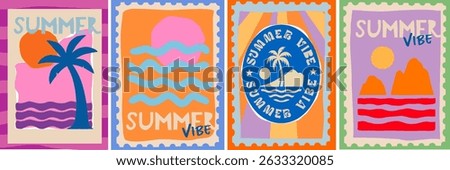 Summer vibe. Vector abstract minimal art illustration of postage stamp with beach and palm tree, wave, sea, sun, rock and California for poster, background, invitation, card, print, icon or flyer