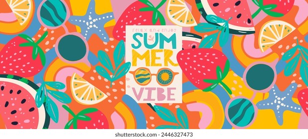 Ambiente veraniego. Ilustración vectorial de patrón lindo abstracto de fresa, gafas de sol, limón, hoja, estrella de mar, sandía para el fondo, Anuncio, Fondo de pantalla o tarjeta