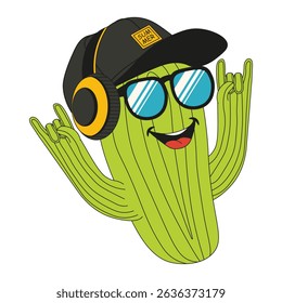 Summer vibe. Vector illustration of cool mexican cactus in sunglasses and headphones. Whimsical cactus isolated transparent. Perfect t-shirt print template design. EPS 10