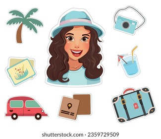 Summer vibe. Vector illustrations of sunglasses, t-shirt print, pattern, sticker, resort and landscape for background, poster or flyer