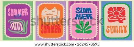 Summer vibe. Vector summer minimal art illustration of postage stamp with beach, flowers, wave, sea, sun, fruits for poster, card, background, invitation, print, icon or flyer.