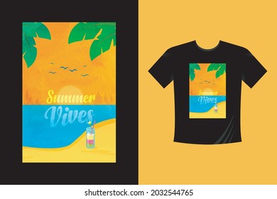 Summer vibe vector t-shirt design with palm trees silhouette and phrase "Summer vibes". Can be used for dark and light shirts.