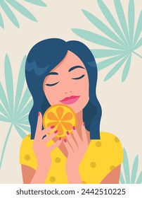 Summer vibe. A woman enjoys a fresh slice of orange. Vector illustration in minimalistic style for posters, covers, flyers, banners