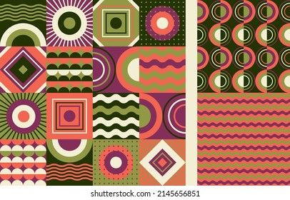 Summer vibes abstract geometric seamless pattern in vivid colors. Vintage geometry vector for background, fabric, textile, wrap, surface, web and print design. 