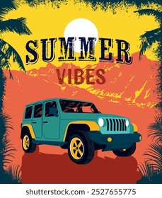 Summer Vibes Adventure SUV Design. Off-Road Vehicle at Sunset with Palm Trees, Tropical Vibes, Surf Beach Retro Vintage Artwork