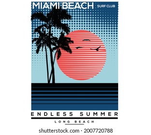 Summer vibes artwork for apparel. Sunrise at the beach vector design. Palm tree graphic clothing art. 