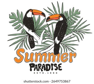 Summer vibes artwork. Enjoy summer day. Toucan paradise artwork. Tropical bird with palm tree graphic print design. Enjoy beach life.