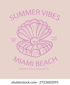 Obra de arte de vibraciones de verano. Seashell retro dibujado a mano obra de arte. Mar usted en la playa. Sonido del mar. Diseño de estampado de camiseta de playa de Miami. Festiva, cartel, isticak, fondo, fiesta de playa de mar.