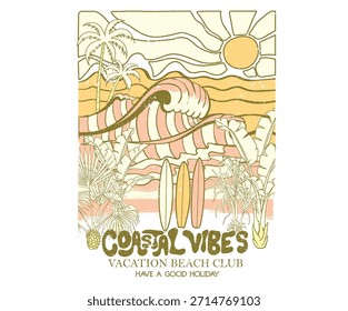 Summer vibes artwork. Sun graphic artwork. Tropical abstract art design. Surfing club artwork.  Coastal vibes design. Ocean wave artwork.