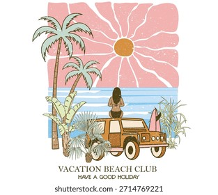 Obra de arte de vibraciones de verano. Obra gráfica de Sun. Diseño de arte abstracto. Obras de arte del club de surf. Coche con la obra de arte de la muchacha.