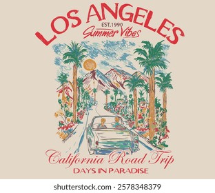 Summer vibes artwork. Sunshine artwork. Enjoy beach life. Los angeles city watercolor painting. Palm city, California car road trip painting.