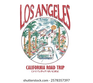 Summer vibes artwork. Sunshine artwork. Enjoy beach life. Los angeles city watercolor painting. Palm city, California car road trip painting.