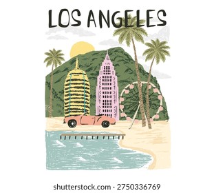 Summer vibes artwork. Sunshine artwork. Los angeles city watercolor painting.