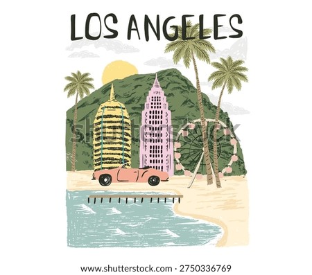 Summer vibes artwork. Sunshine artwork. Los angeles city watercolor painting.