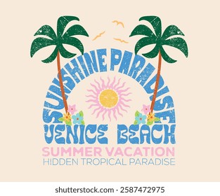 Summer vibes artwork. Sunshine paradise graphic print design. Enjoy beach life. Palm tree with flower. Surf club design. Beach modern abstract art. Ocean abstract wave. Here come the sun.