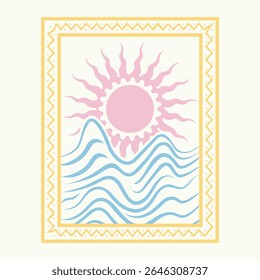Verão vibes arte. Projeto gráfico de impressão Sunshine paraíso. Design de clube de surfe. Praia Sunset arte abstrata moderna.