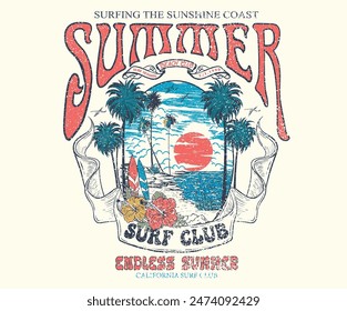 Summer vibes artwork.. Surf club design. Relax chair. Beach wave artwork. Sunshine paradise graphic print design.