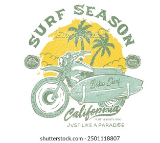 Summer vibes artwork. Surf club design. Motorcycle beach ride. Big wave artwork. Sunshine Surf club artwork. Enjoy beach life.