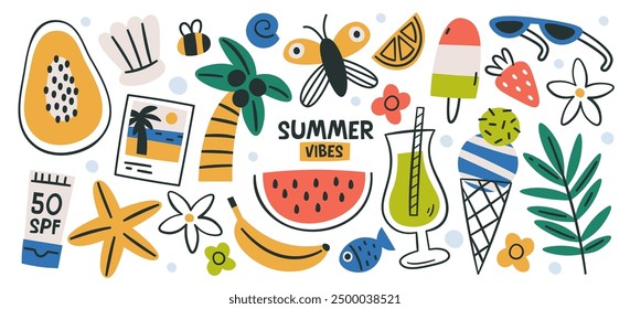 Summer vibes background with beach resort vacation seasonal accessories, supplies and natural design elements set. Sweet snack and drinks, palm tree, sunbathing cream, memory photo vector illustration