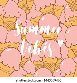 Summer vibes background. Colorful seamless pattern with ice cream and cactus. Vector abstract illustration