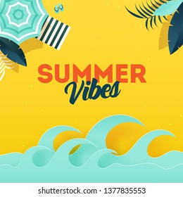 Summer Vibes background with illustration of umbrella, sunbed and paper cut waves. 