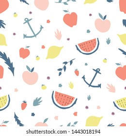 Summer vibes background. Seamless fruit pattern. Flat style design for banner, card, poster. Vegan, farm, organic