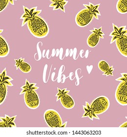 Summer vibes background. Seamless pattern with pineapples. Vector abstract illustration