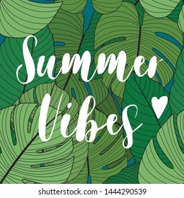 Summer vibes background. Seamless pattern with tropical leaves. Inspiring creative motivation quote poster template