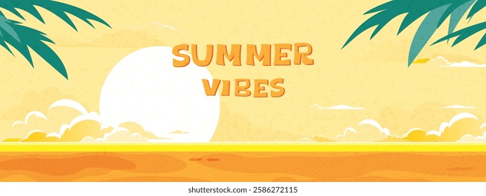 Summer Vibes background,Bold design Yellow Sky,cloud,sun over sea ocean water on orange sand beach with coconut palm tree,Vector Cartoon Fantasy landscape with for Travel Event Holiday Vacation banner