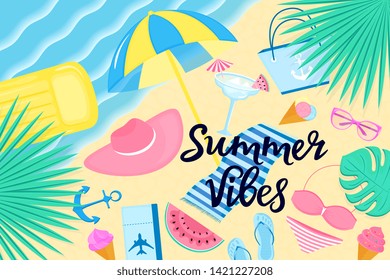 Summer vibes banner. Beach vacation on a tropical island. Women's clothing and accessories.