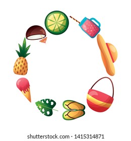 summer vibes banner handbag flip flops lemon juice pineapple vector illustration