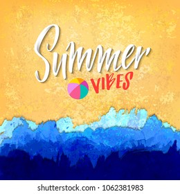 Summer Vibes Banner with Ocean and Sea Waves and Sand. Travel Vacation Background. Vector Beach Illustration.