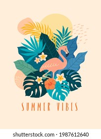 Summer vibes banner template. Vector illustration in trendy flat style of exotic tropical leafs, flowers and a flamingo. Isolated on background