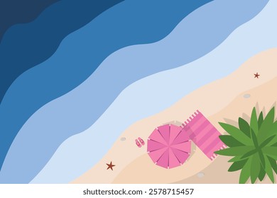 Summer vibes banner. Top view beach with umbrella and sea