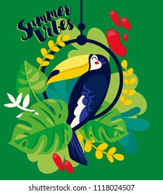 "Summer vibes" banner with toucan and tropical plants, cartoon flat style and bright palette, vector illustration