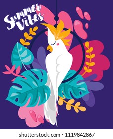 `Summer vibes` banner with white cockatoo parrot and tropical plants, cartoon flat style and bright palette, vector illustration