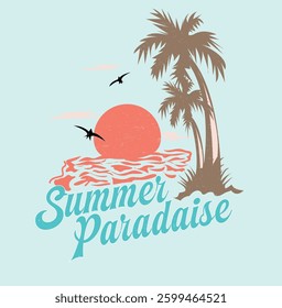 Summer Vibes beach artwork. big waves under the sunset.  summer t-shirt design. summer paradise stylish t-shirt and apparel trendy design with palm trees silhouettes, typography, print, vector. 