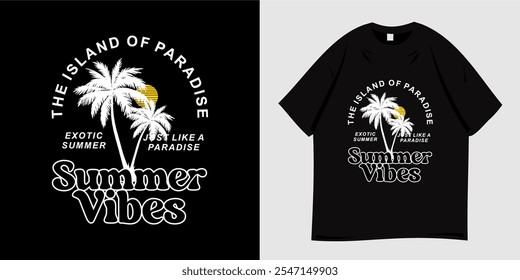 Summer vibes beach graphic t-shirt design. Summer clothing vector illustration with palm tree silhouette and sun symbol. Ready to print for t-shirt, clothes, tee, apparel and wear.