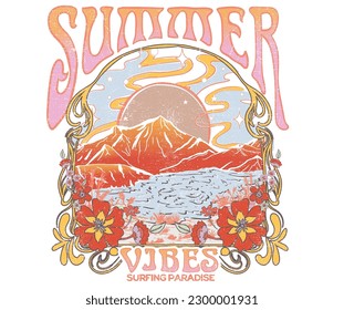 Summer vibes,  beach hand sketch graphic print with tropical flower design for t shirt print, poster, sticker, background and other uses. Summer print artwork. 