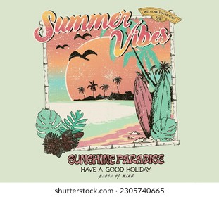 Summer vibes. Beach hand sketch graphic print design for t shirt print, poster, sticker, background and other uses. Palm tree with birds colorful retro print artwork. Sunshine paradise vector design.