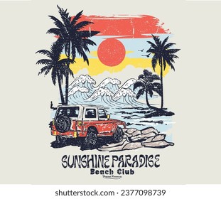 Summer vibes, beach hand sketch graphic print  for t shirt print, poster, sticker, background and other uses. Summer print artwork. Sunshine paradise with car artwork. beach t shirts.