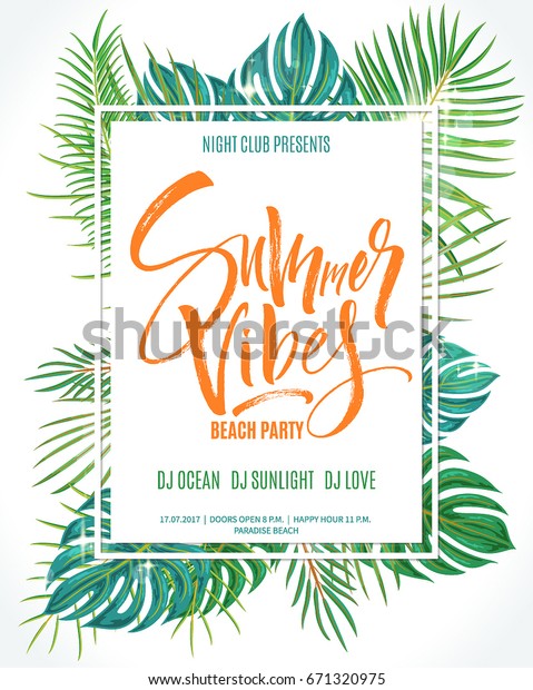 サマー ビブス ビーチ パーティーのポスター エキゾチックなヤシの葉と植物の文字の背景 筆書き 現代の書道 ベクターイラスト のベクター画像素材 ロイヤリティフリー