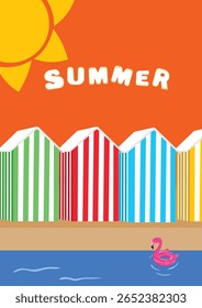 Poster de praia de vibes de verão com cabines de madeira coloridas e anéis flutuantes
 O design captura o espírito alegre e relaxado das férias de verão tropicais com uma paleta de cores vibrante e divertida.

